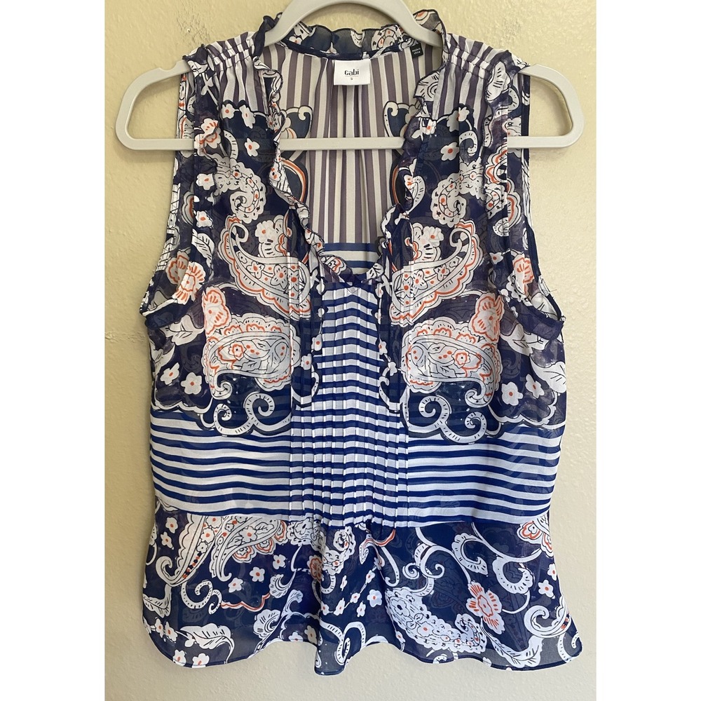 CAbi Blouse Ruffle Peplum Sleeveless Small Blue Orange Paisley Sheer #5349